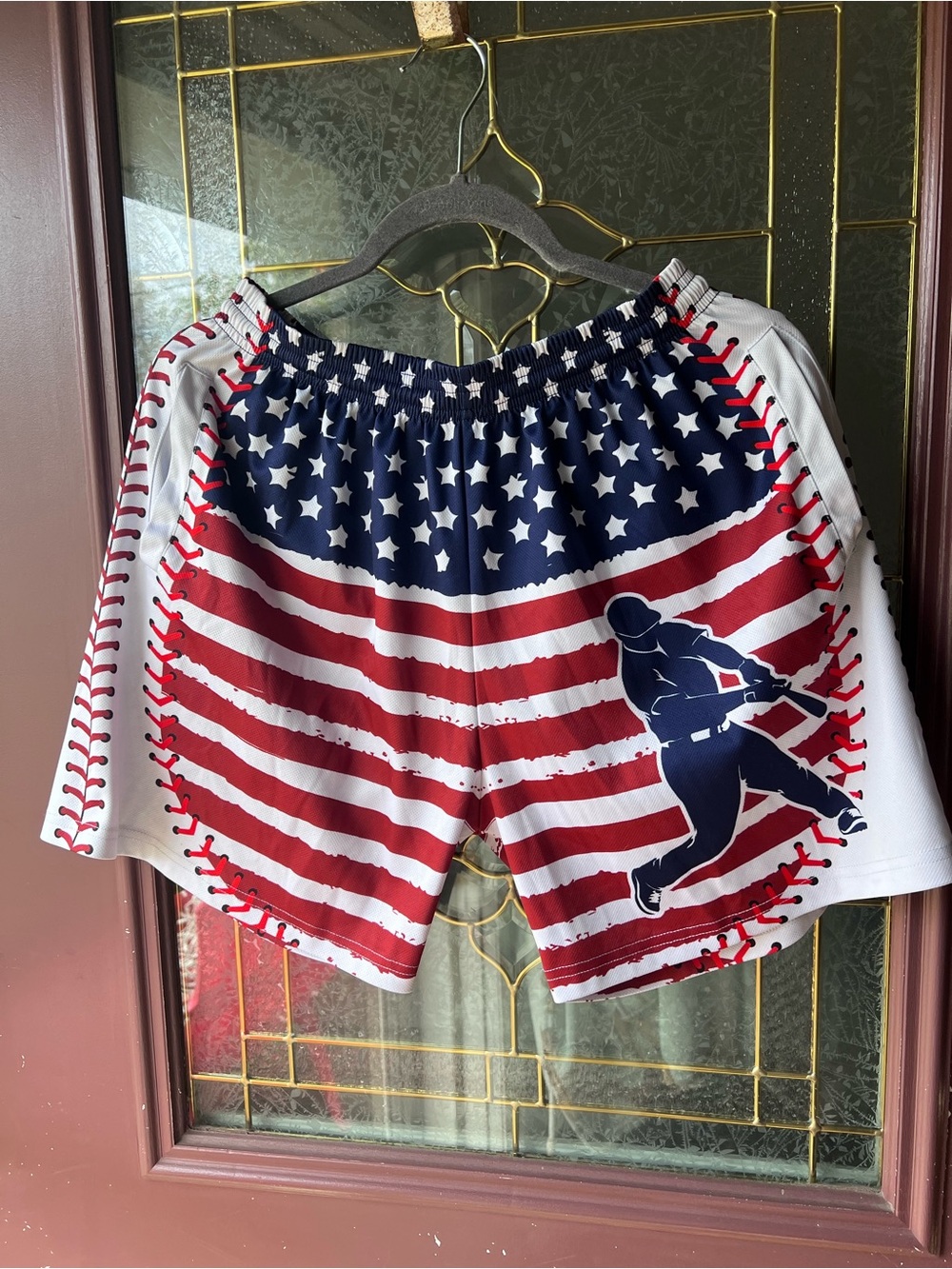 Men's Athletic Baseball Shorts with American Flag Print - Red, White & Blue